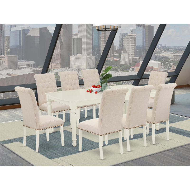 Cet ensemble de salle à manger 9 pièces comprend une table de salle à manger rectangulaire avec feuille papillon et 8 chaises rembourrées en tissu de lin beige clair, lin blanc