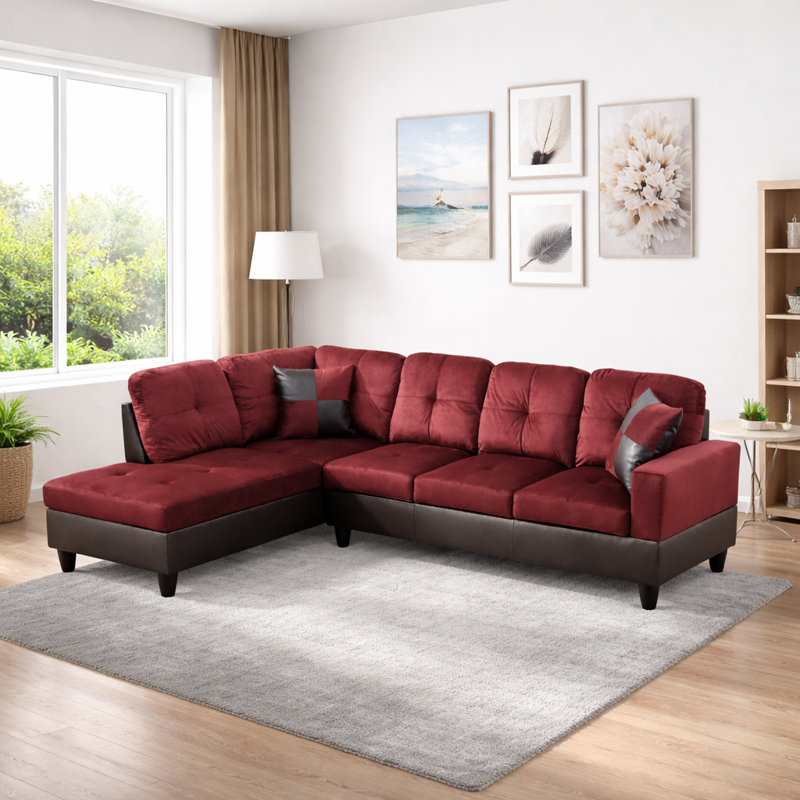 103.5" Wide Microfiber Sofa & Chaise, Left Hand Facing, Red Microfiber
