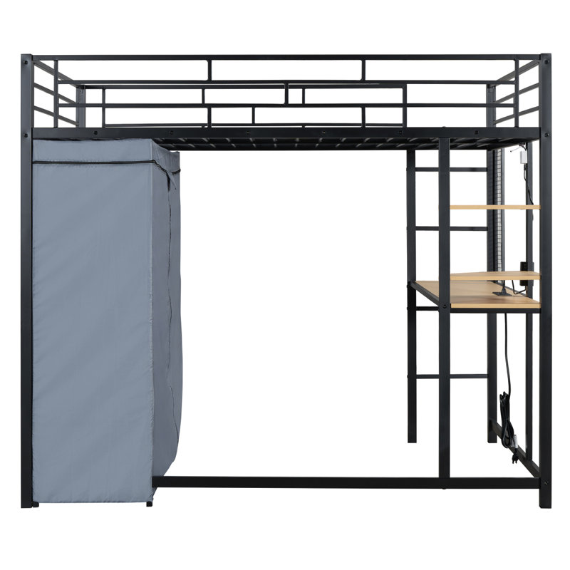 Lit mezzanine double en métal avec bureau, tablettes, prise de courant, lumière DEL et garde-robe, noir, Lit double, Noir