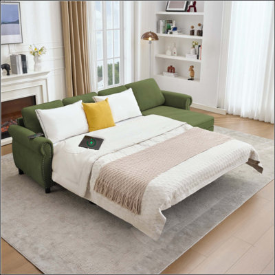 106.5" L-Shaped Convertible Pull Out Sleeper Sectional Sofa, Flannelette Polyester 4-Seater Sofa Bed with Interchangeable Storage Chaise, USB & Wireless Charging Armrest, Solid Wood Frame High-Density Sponge Couch for Living Room Apartment