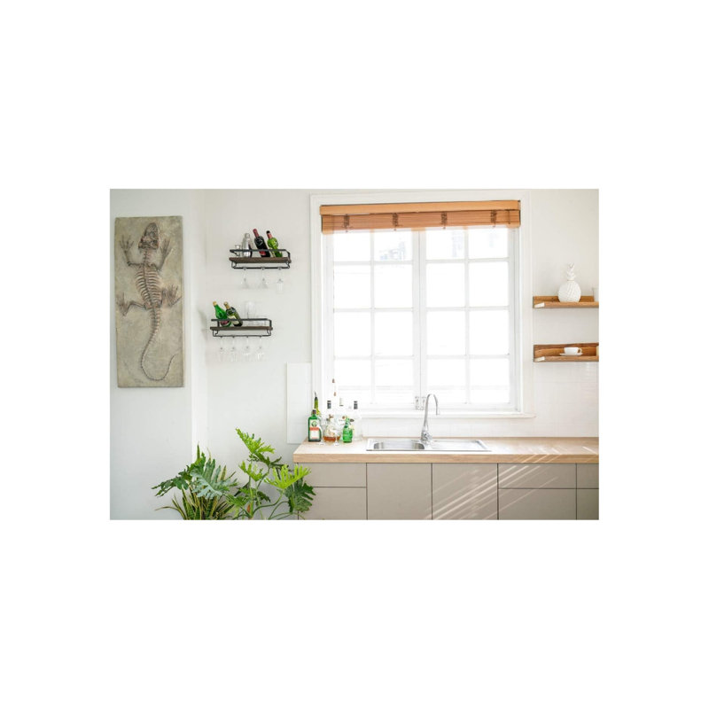 Wine Rack Set Of 2 Wood Rustic Wine Bottle Glass Floating Shelves With Stemware Hanger Modern Plants Photos Wine Display Storage Holder For Kitchen Dining Room Bar, 17 Inch