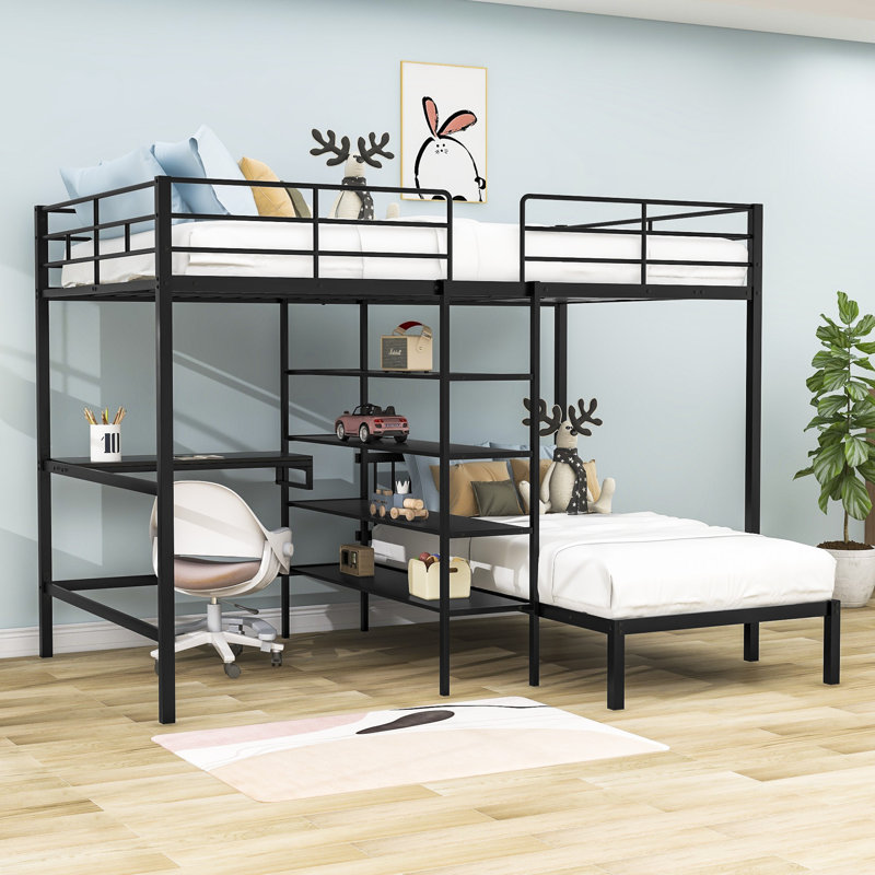 Adelline Kids Full Over Twin Metal Bunk Bed with Built-in Desk and Shelves, Black