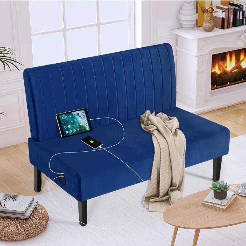 43”W Uphostered Bench, Loveseat Dining Banquette, Blue