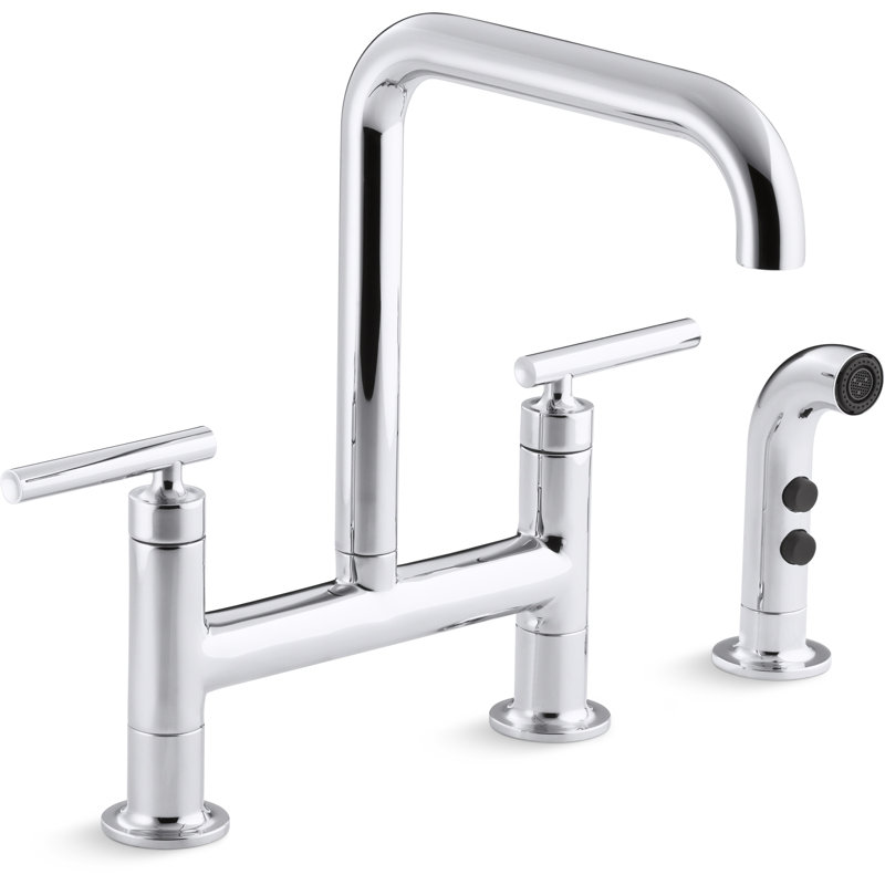 Kohler Purist® Two Handle Deck-Mounted Bridge Kitchen Sink Faucet with Pull Out Side Sprayer, Polished Chrome