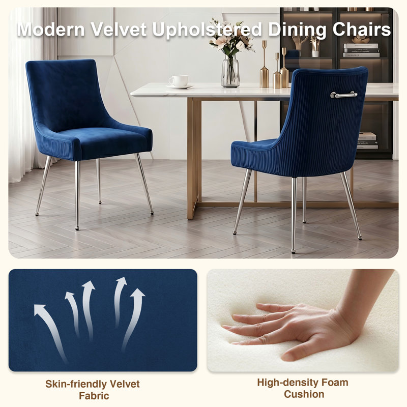 Velvet Upholstered Side Chair With Silver Legs, Blue, Silver