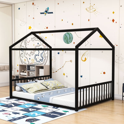 Montessori Metal Floor Bed With Guardrails, Sturdy Frame