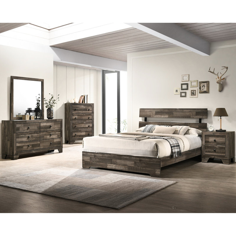 Lit très grand rustique brun rustique avec cadre en bois, tête de lit à lattes, dans une boîte, Très grand lit
