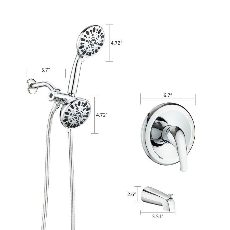 Tub Spout Shower System - Wall Mounted High Dual 2 In 1 Faucet. 7 Spray Modes To Unwind. . All Metal Structure. 1.8 Gpm. 59" Hose Length. 1/2" Connector Size With Faucet Valve. Head & Hand Shower.