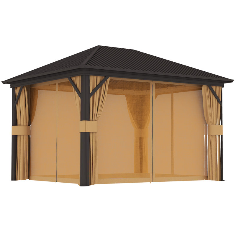 3.6 X 3m Brown Aluminium Hardtop Gazebo, Galvanised Metal Roof Permanent Pavilion With Mesh Netting, Privacy Curtains, Drainage System And Ceiling Hooks For Patio Garden