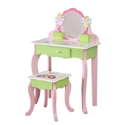Ensemble de coiffeuse pour enfants avec miroir et tabouret, coiffeuse en bois avec motif papillon et fleur
