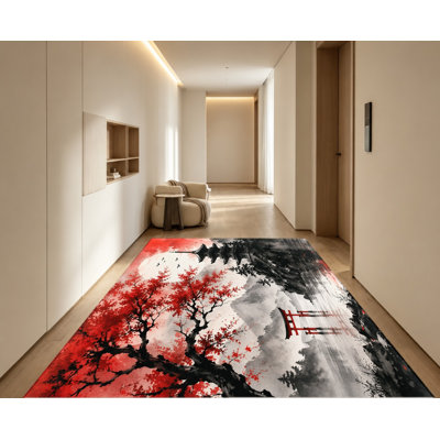 Tapis de style japonais à l'encre, motif pagode et porte torii avec érable rouge, design artistique et antidérapant, décoration intérieure vibrante pour salon, chambre, entrée, cuisine, dortoir