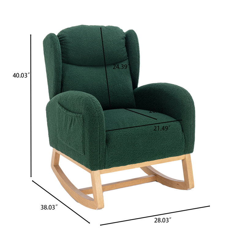 Modern Upholstered Rocking Chair with Wooden Base and Side Pocket, Green