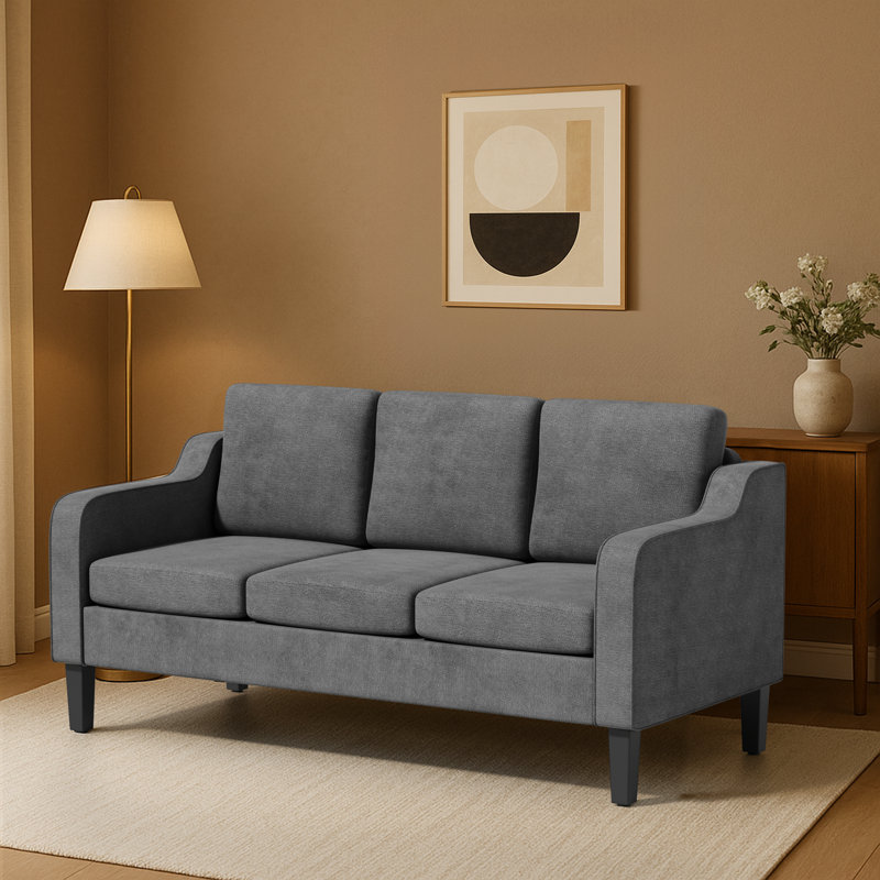 Upholstered 3-Seater Sofa, 3 Person Seat Couch With Scooped Armrest, Wood Legs And Removable Cushions, Gray