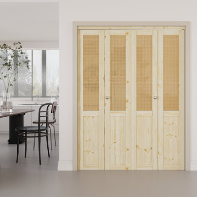 Porte pliante à double panneaux en bois brut et imitation rotin tissé à la main avec quincaillerie