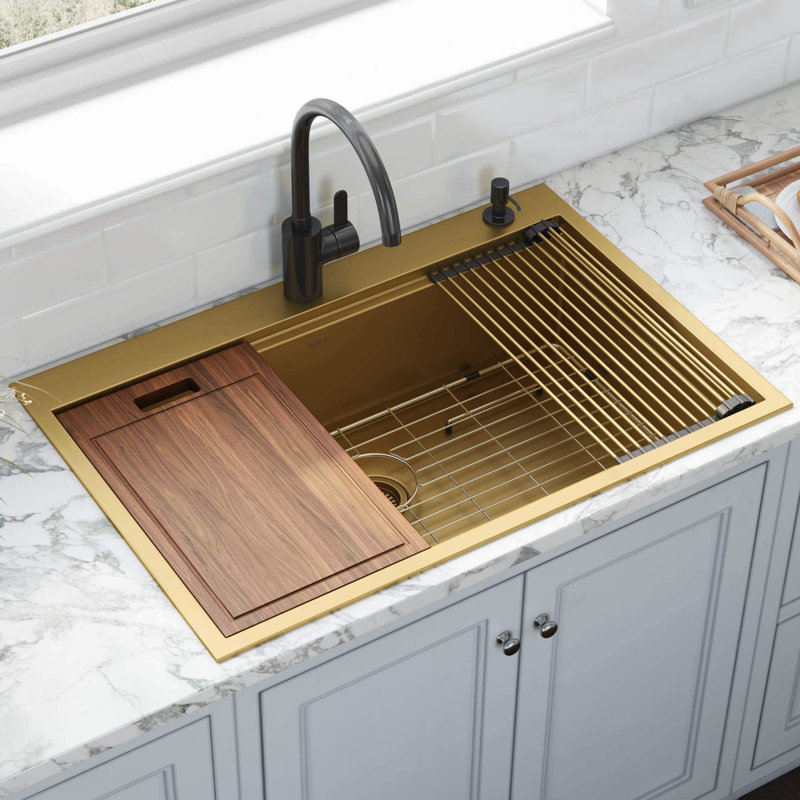 Workstation Topmount 33" L x 22" W Drop-In Kitchen Sink with Sink Grid and Drain Assembly, Matte Gold 