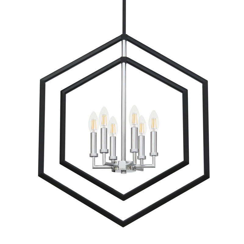 Luminaire géométrique chromé noir à 6 lumières avec auvent rond Theo