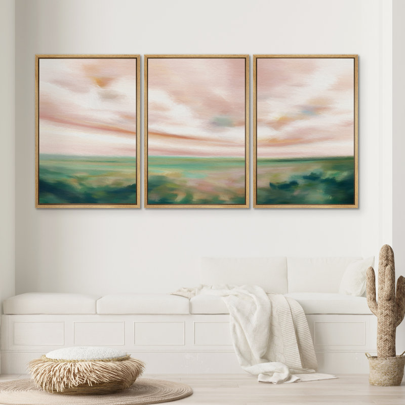 Rural Landscape " Pastel Watercolor Pink Cloud Sky Green Countryside Hill Abstract Landscape Rustic Art Decor Scenic " 3 - Pieces