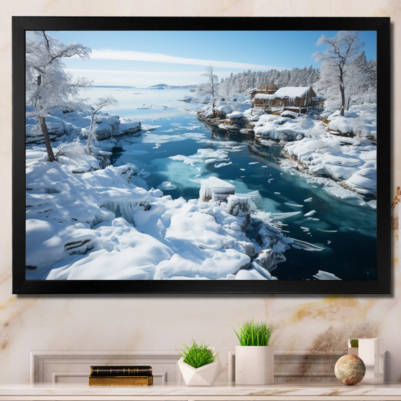 " Sweden Ice Blue Archipelago III ", Black Picture Framed, 16" H x 32" W x 1" D