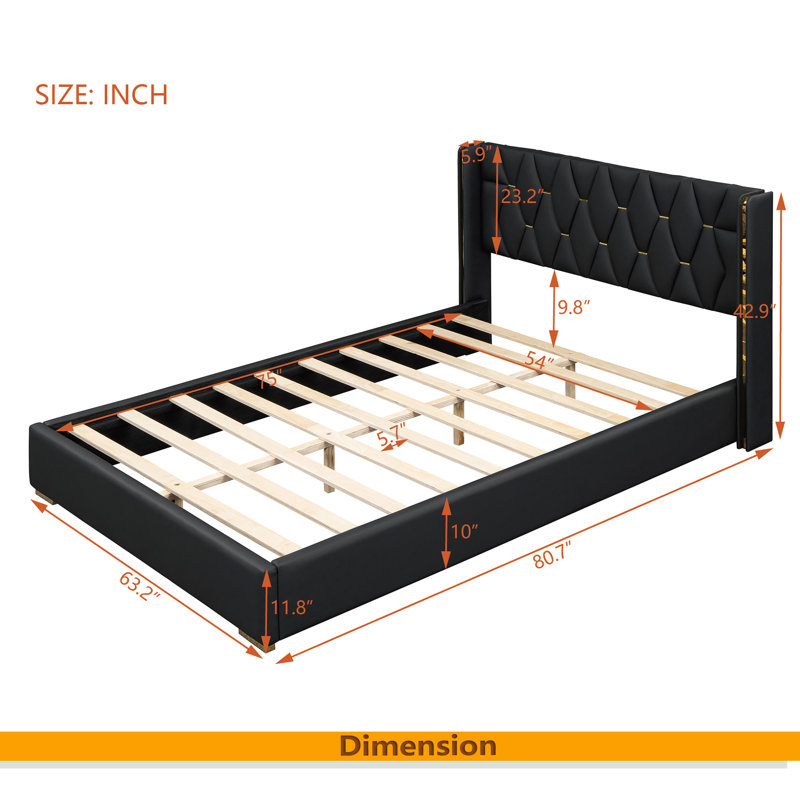 Lit plateforme tapissier avec bandes métalliques, Lit double