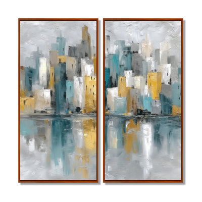 «Yellow Blue Abstract Cityscape New York City - New York City Wall Art, Yellow Cityscape, reproduction sur toile 2 pièces