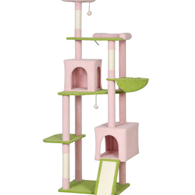 73.6" Multi - Cat Tree, Flower Fantasy Design, Two Condos, , And Scratching, Widened Base Large Tree With Fantasy, Suitable For 2 3 Cats, Multiple Scratching Areas, Tip Strap Stability