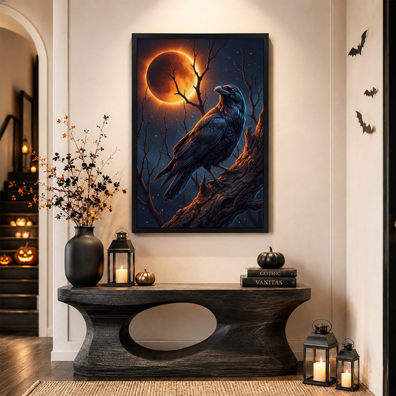 Corbeau noir perché sur une branche devant une toile lumineuse d'Halloween, 30"H x 20"W