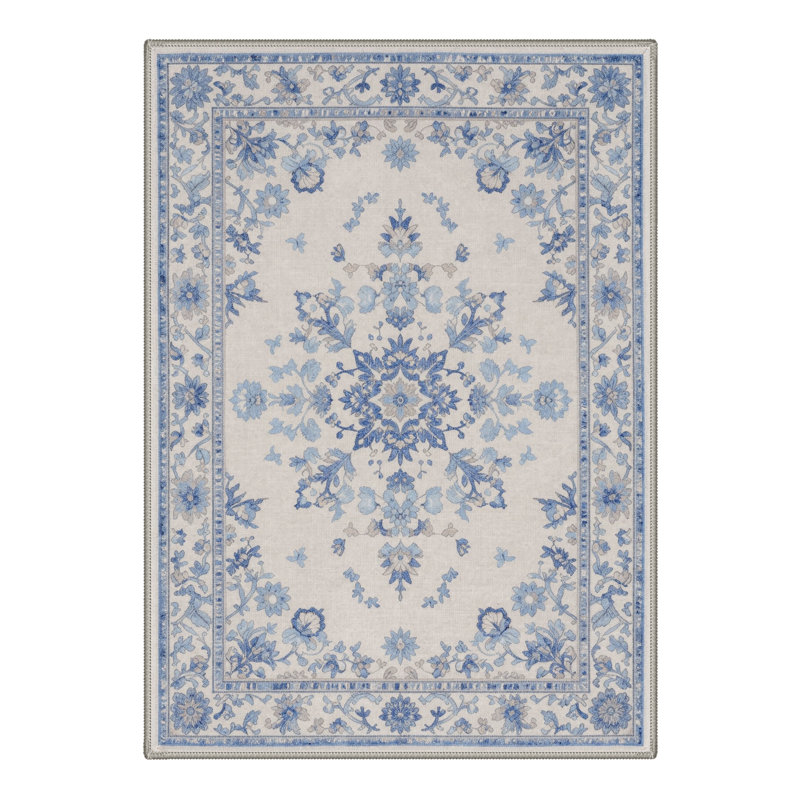Brinda Floral Machine Washable Powder Blue Indoor Area Rug with Non-Slip Backing, Rectangle 9' x 12'