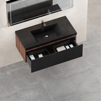 Meuble-lavabo flottant 42 po avec lavabo, meuble-lavabo mural rayé avec tiroirs à fermeture en douceur et cuve à quartz noir, entièrement assemblé