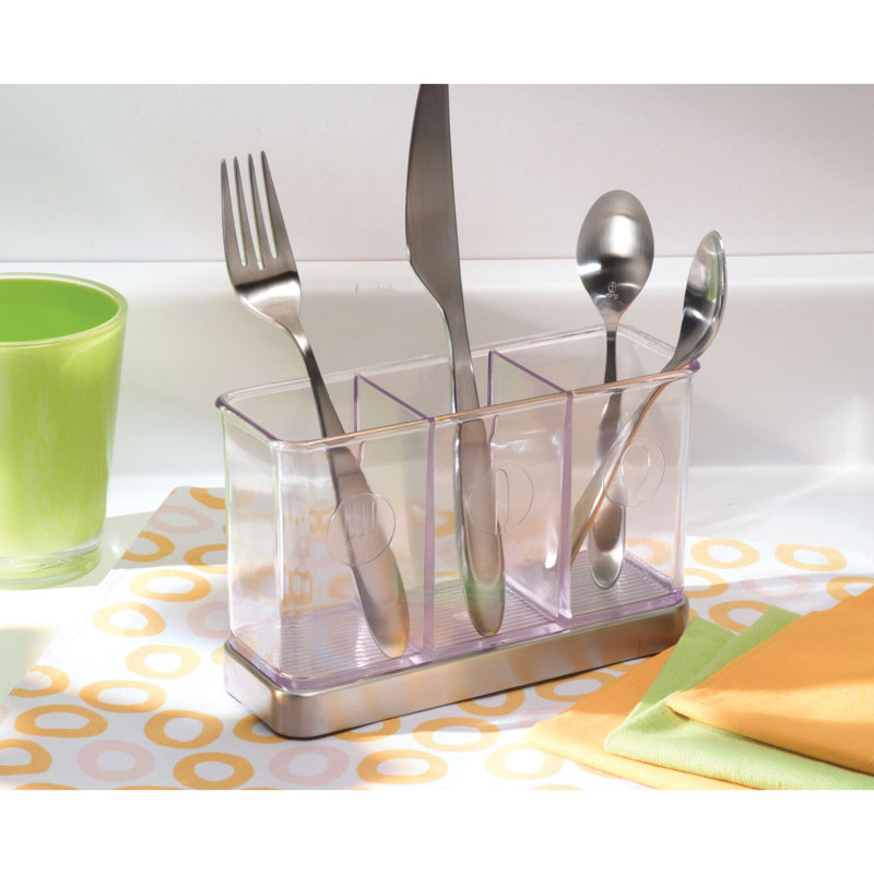 Clear Plastic and Stainless Steel Utensil Holder with 3 Compartments