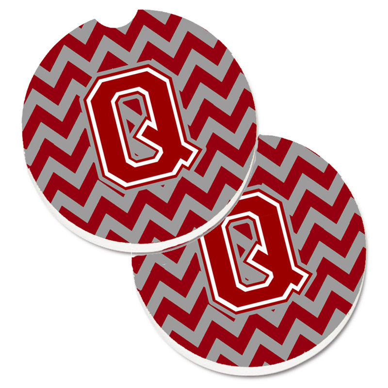 Ceramic Round 2 Piece Car Coaster Set, Q, Maroon/White