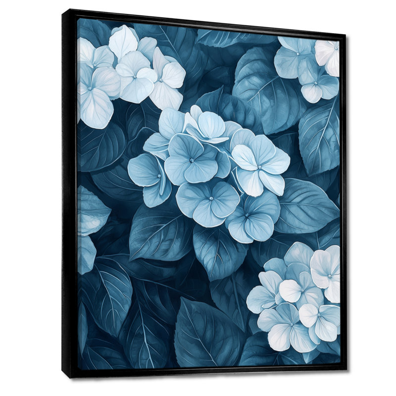 Monogramme d'hydrangées monochromes - art mural hortensias, H 44 po x l 34 po, Reproduction avec cadre flottant, Noir