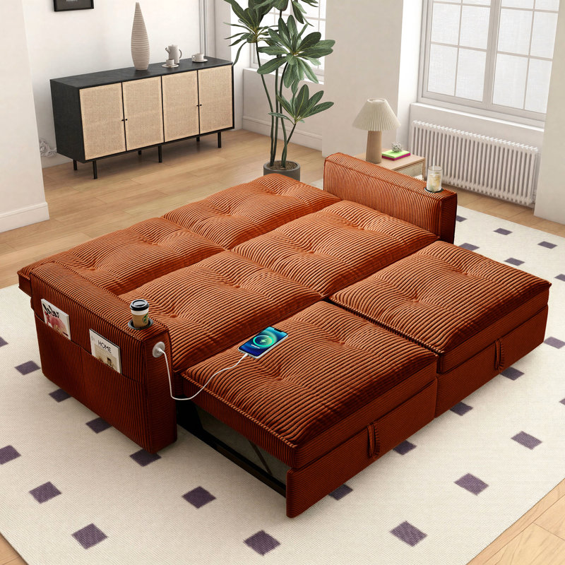 73" Queen Square Arms Tufted Back Convertible Sleeper Sofa with Cushions for living rooms, Orange