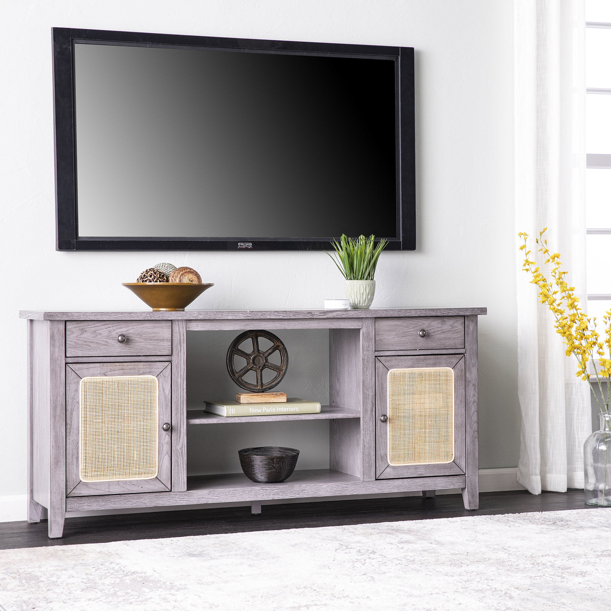 Linets Natural Rattan TV Console TV Stand for 65+ inch TV, 25 Tall Highboy Entertainment Center Bay Isle Home Color: Oak