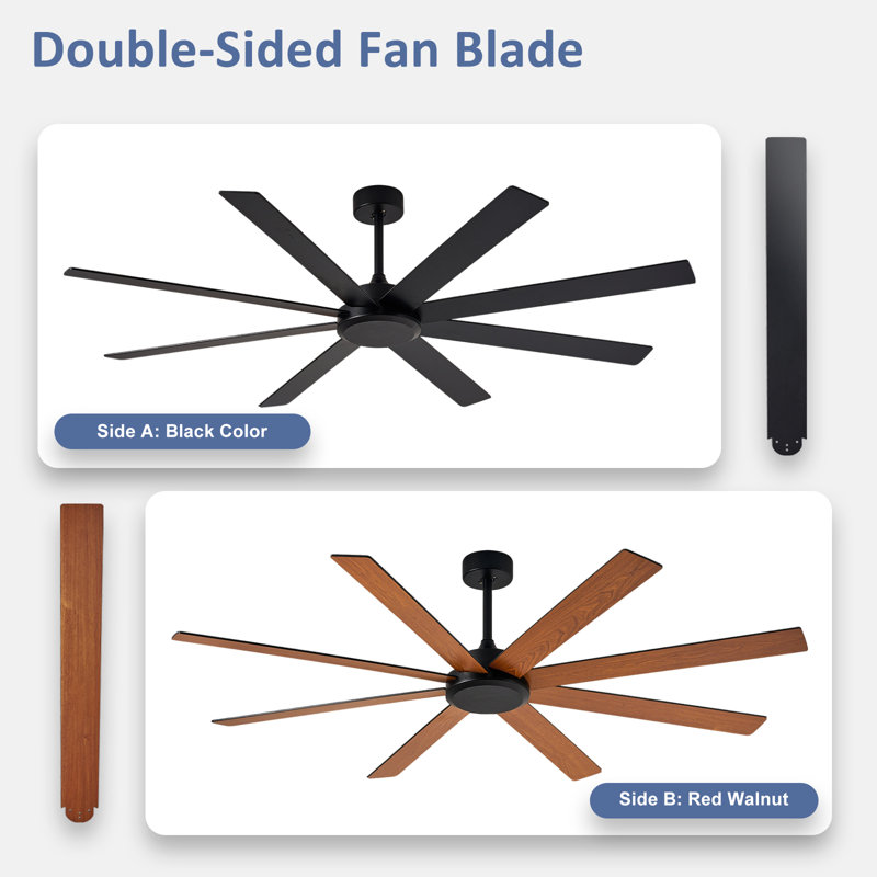 66" Large Ceiling Fans with Remote APP Control, Black Indoor Outdoor Ceiling Fan for Patios Living Room , 8 Blades Dimmable Timer Reversible Quiet DC Motor 6 Speeds