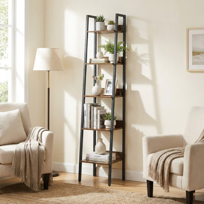 5-Tier Narrow Ladder Bookcase, Metal Frame Freestanding Storage Shelf