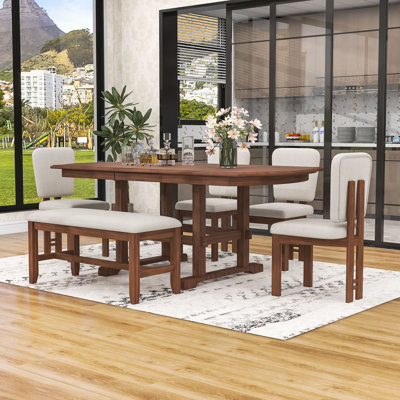 6-Piece Dining Table Set, Extendable Wooden Table with Removable Leaf, Upholstered Chairs and Bench by Gracie Oaks