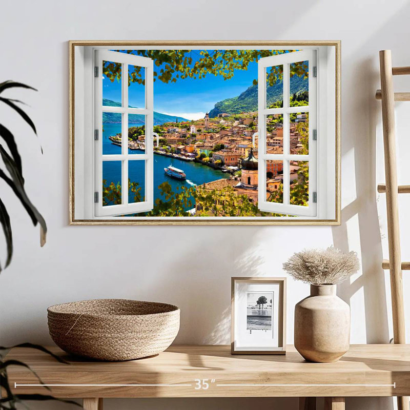 Fenêtre sur Limone Sul Garda, 25 po x 17 po, Cadre flottant en bois naturel