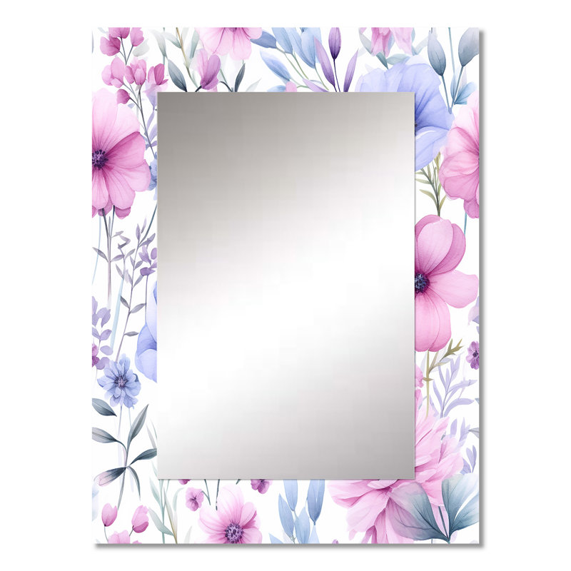 Pétunia rose et bleu sur fond blanc III - grand miroir fleurs, décor de miroir mural traditionnel, 32 po x 24 po