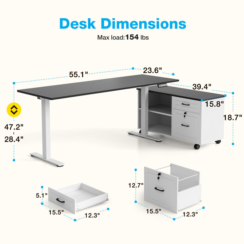 Bureau debout avec classeur spacieux, bureau en L réglable en hauteur avec structure robuste pour le bureau à domicile
