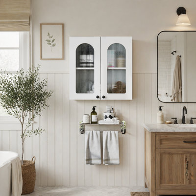 Armoire murale en verre arquée avec tablettes réglables pour un rangement polyvalent et peu encombrant dans la cuisine, la salle de bain et le salon
