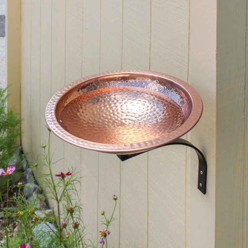 Hammered Copper Birdbath with Wall Mount Bracket