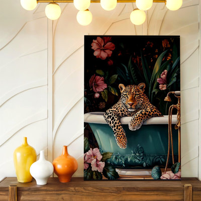Leopard Floral Bathroom Bathtub Jungle Canvas Wall Art Print, Decorative Artwork For Bedroom Living Room Office Entryway And Apartment Decor, Contemporary Wall Decor, Cozy Home Accent