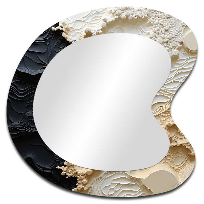 Fredonia, peinture abstraite liquide crème et noire - miroir décoratif côtier asymétrique, miroir mural de forme irrégulière crème, impression sur métal