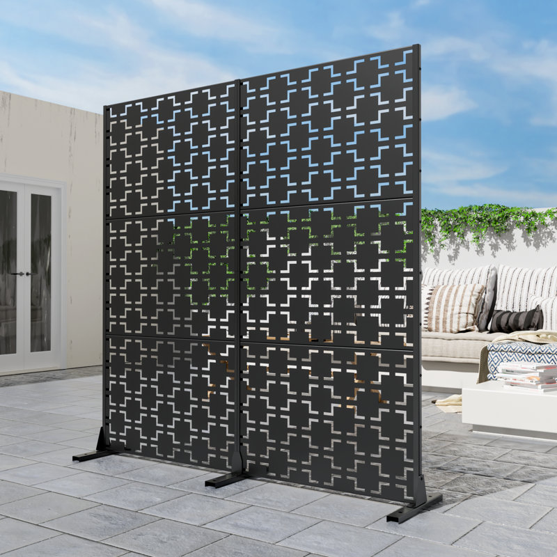 Panneau de clôture en métal pour écran d'intimité, 72" H x 71" W x 16" D, Noir, noir, noir, noir