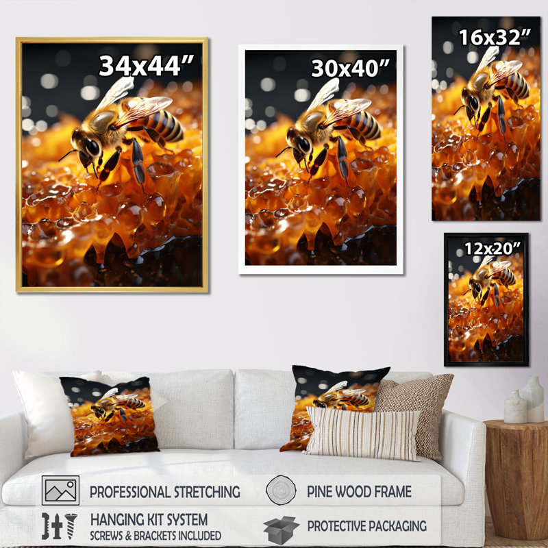 Abeille translucide scintillante - impressions sur toile animaux, H 20 po x l 12 po x P 1 po, Cadre flottant blanc