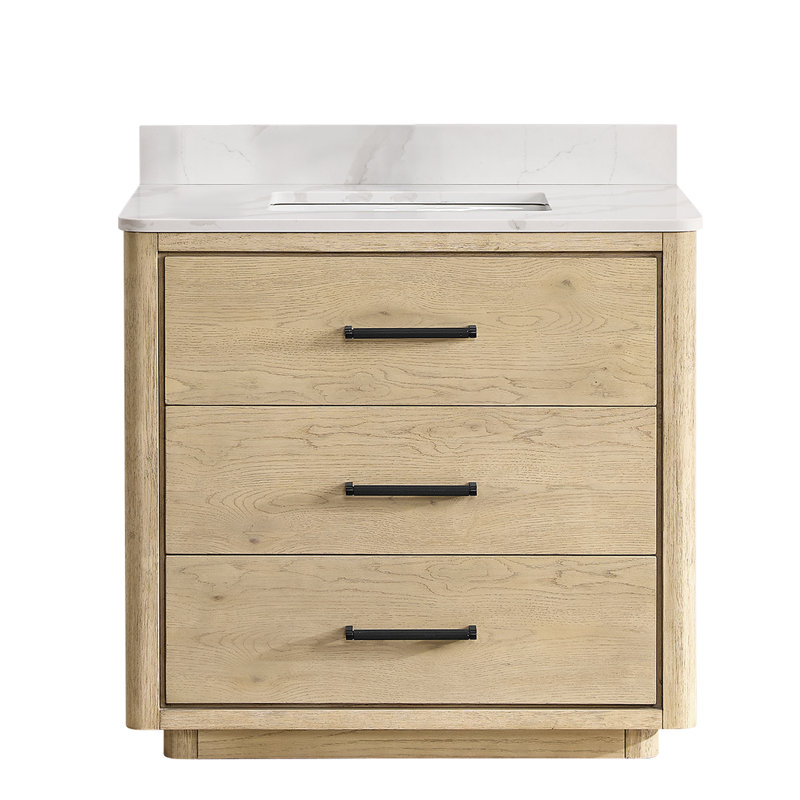 Meuble-lavabo sur pied simple 36 po avec plateau en quartz Calacatta Porto, Chêne naturel, Noir mat
