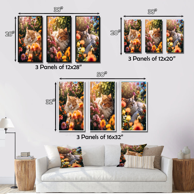 Fluffy Cat Sleeping Sunny Flower Garden I - Animals Cat Art Set Of 3 Pieces, Toile tendue, H 28 po x l 36 po