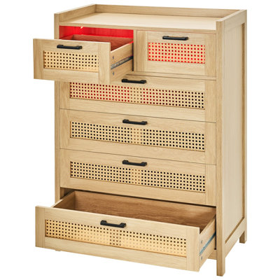 5 Drawer Rattan Dresser with LED Light 40.16" H x 29.53" W x 15.75" D Natural Rattan MDF 1 Piece Dresser Burlywood with 7 Color LED Options