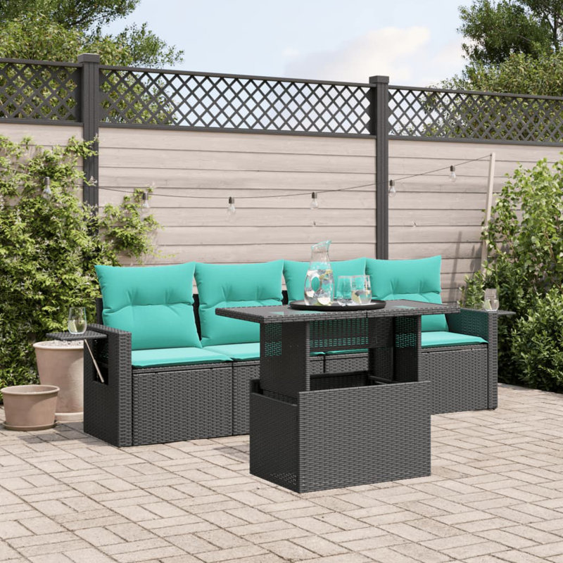 Ensemble de canapé de patio 5 pièces avec coussins en rotin de polyester, Bleu clair, Noir