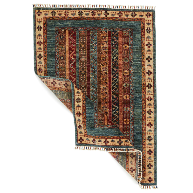 Tapis tribal turc vert et multicolore 3 x 5